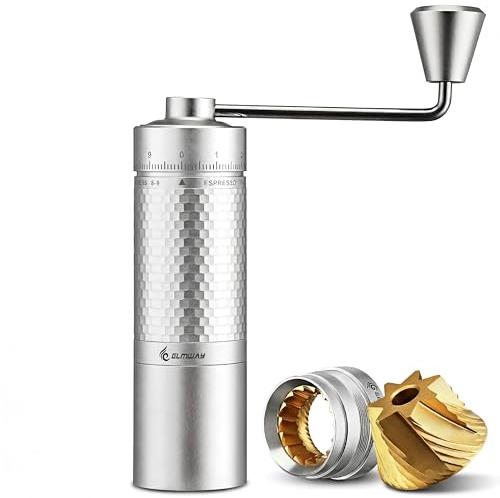 ELMWAY Rare 7-Star Titanium-Coated 440 Steel Burr - Honeycomb Manual Coffee Grinder, Full Metal, Upgraded Handle, External Precision Adjust, Triple-Bearing, Magnetic Crank, Zero-Plastic