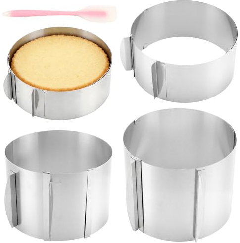 ZEONHEI 4 Stück Tortenring Verstellbar Hoch Set, Ø16-30 cm Backring Edelstahl mit Spatel, Kuchenring Rund Verstellbar Backrahmen für Schichtkuchen, Cheesecake, 6cm/8,5cm/12cm/15cm