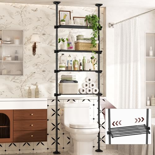 Yeabett Over Toilet Shelving Unit, Height 163–315 cm, Width 39–69 cm, Over Washing Machine Cabinet, Versatile Bathroom Organiser for Bathroom, Kitchen, Living Room, Utility Room, 4-Tier, Black
