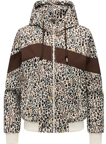 Ragwear Damen leichte, wasser- und winddichte sowie atmungsaktive Übergangsjacke kurze Funktionsjacke mit Kapuze und Animal-Print Oggie Block Leo YOUMODO Brown Gr. XXL