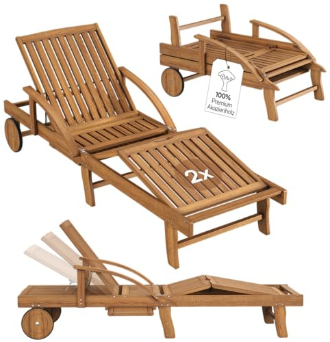 STEELSØN Mintaka Sonnenliege 2er Set – Gartenliege klappbar mit Rollen & Tisch – Holzliege aus Akazienholz geölt – Relaxliege Rücken- & Fußlehne verstellbar – Saunaliege wetterfest bis 160 kg