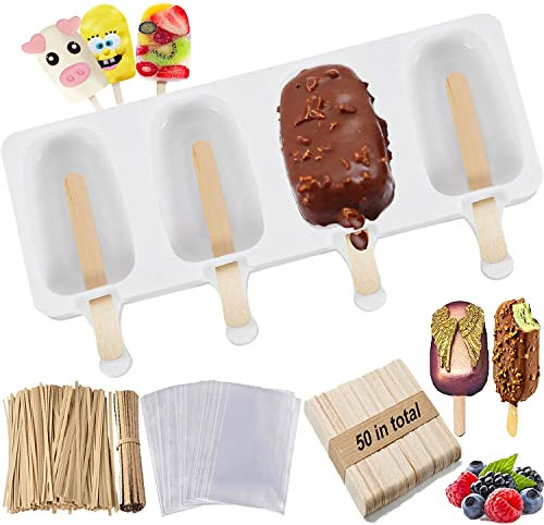Uhat Ice-Cream Silicone Bar Mould Maker Frozen Dessert Chocolate Cake Popsicle Tray Ice Lolly Moulds + 50 Reusable Bamboo Sticks (Small, Silicone)