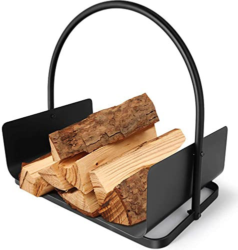 Amagabeli Holzkorb 45 x 30 x 43cm Kaminholzkorb Brennholzkorb Metall Feuerholzkorb Holzwiege Kamin aus Stahl mit Henkel Tragekorb für Holz Kaminholz Holztrage für Holzofen Kaminholzschale