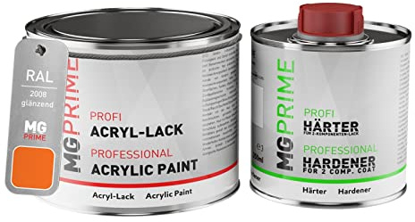 RAL 2008 Orangé rouge clair/Bright red orange Peinture acrylique brillante Pot de 0,75 litre / 750 ml, y compris le durcisseur