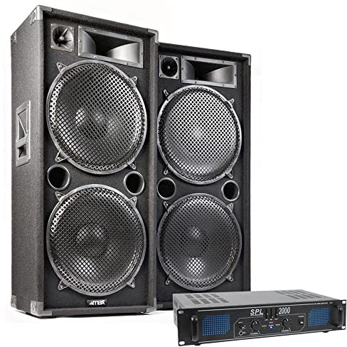MAX SKYTEC Pack Complet Max215 - Enceinte Passive Puissante 2X 15 2000W avec Amplificateur 2X 1000W, Câbles Haut-Parleurs Intégrés, Idéal pour Soirées et Karaokés