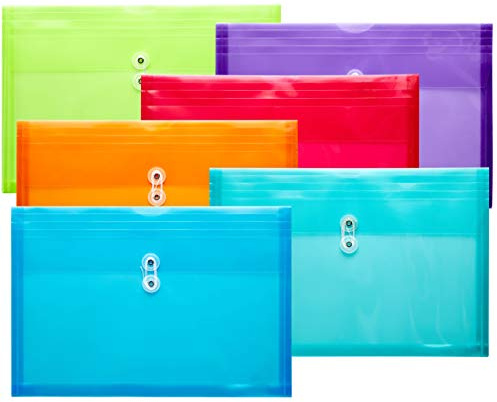 FANWU Plastic Legal Size Envelopes with String Tie Closure, 1-1/4 Expansion, Side Load, Clear File Folders Poly Project Paper Documents Organizer for Office School Home (Assorted Colors - 6 P)