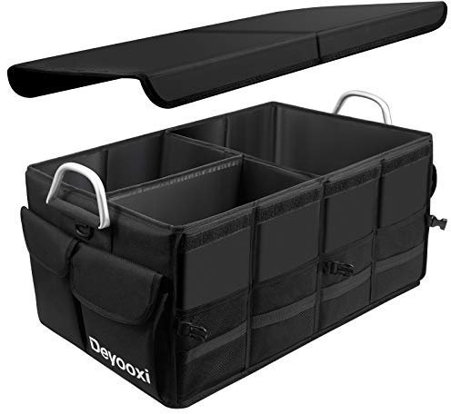 Deyooxi Kofferraum Organizer - Kofferraumtasche mit Deckel,Faltbar Stabil Auto Organizer Kofferraum, Organizer Box mit Antirutsch-Klett,Wasserdicht Auto Organizer mit Aluminium Rutschfesten Haken
