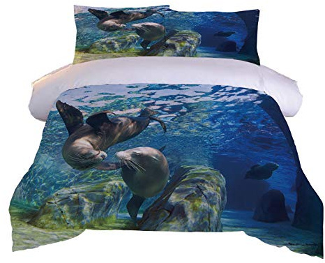 AOUAURO Bettwäsche 135x200 Seehund Begleiter Bettbezug Set 3D Bedruckte 3-Teiliges Polyester mit Reißverschluss 1 Bettbezug und 2 Kissenbezug 80x80cm 3 Stück Einzelbett