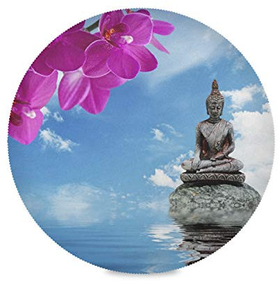 TropicalLife HaJie Platzdeckchen mit Orchideen-Blumenstein, japanischer Zen-Motiv, rutschfest, hitzebeständig, rund, für Zuhause, Urlaub, Party, Essen, Dekoration