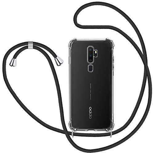 SAMCASE Funda con Cuerda para OPPO A9/A5 2020, Carcasa Transparente TPU Suave Silicona Case con Correa Colgante Ajustable Collar Correa de Cuello Cadena Cordón - Negro