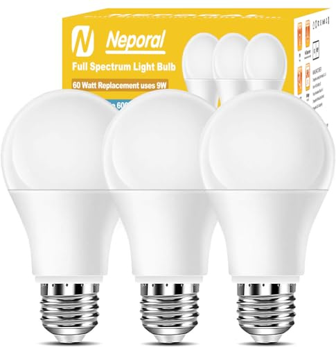 Full Spectrum Light Bulb, 6000K Natural Sunlight Bulbs, 9W 60W Equivalent LED Light Bulb, Natural Light Bulbs A19, E26/E27 LED Light Bulbs for Home, 3 Pack