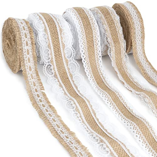 WeddingTree 10M Juteband mit Spitze - 5 Rollen à 2 m - Dekoband mit Spitzenbordüre für Geschenke, Hochzeit, Party und DIY - Spitzenband - Schleifenband Hochzeit inklusive 30 Stecknadeln