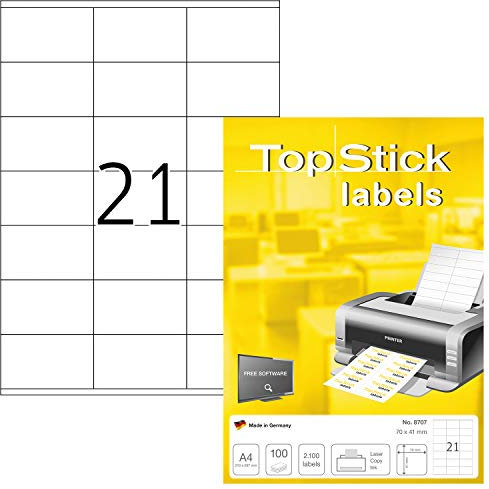 TopStick 8707 Adressetiketten, 1000 Blatt, 70 x 41 mm, 21 pro A4 Bogen, 21000 Stück, selbstklebend, bedruckbar, matt, blanko Papier Adressaufkleber Etiketten, weiß