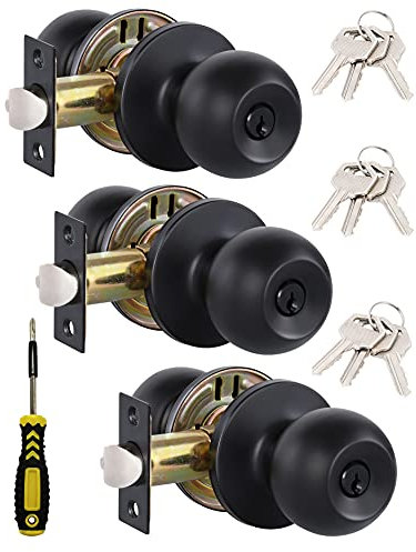 Paquete de 3 pomos de puerta negros con cerradura y llaves diferentes, perillas de puerta interior/exterior para dormitorio o baño, accesorios de manija de puerta de entrada por Lanwandeng