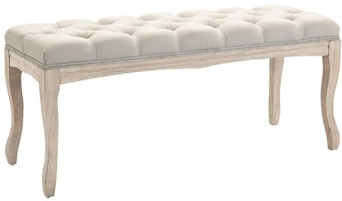 HOMCOM Banc Banquette capitonnée Style Classique 110 cm Bout de lit Rembourrée en Lin piètement Bois hévéa sculpté Lin Beige