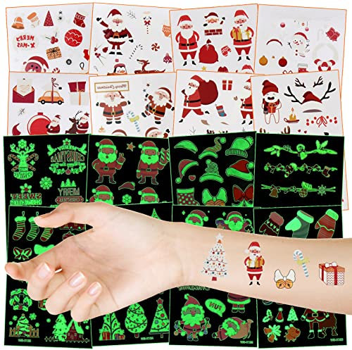 Linkbro 16 Blatt Weihnachten Kinder Tattoo Leuchtend, Über 400 Leuchtend gemischter Stil, Xmas Kinderparty Giveaway Klein Geschenke für Jungen Mädchen ab 2 Jahren +