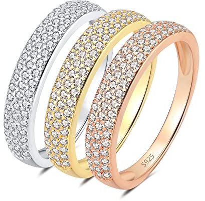 JewelryPalace 3 Ringe Pavéfassung 1.28ct Zirkonia Ring Damen Rosegold, Halb Eternity 3 Farben Ringe Set Gold Schmuck Silber 925, Hochzeitsring Vorsteckring Stapelring Bandring Schmal Stein Frauen 51