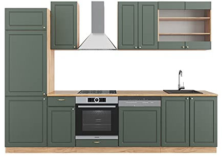 Vicco Küchenzeile Fame-Line, Grün-Gold Landhaus/Goldkraft Eiche, 300 cm ohne Arbeitsplatte