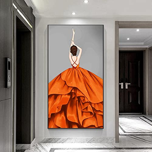 Orange Kleid Frau Rücken Tänzerin Gemälde Benutzerdefinierte Moderne Leinwand Wandkunst Bild für Wohnzimmer Wohnkultur Poster und Drucke 50x100 cm Rahmenlos