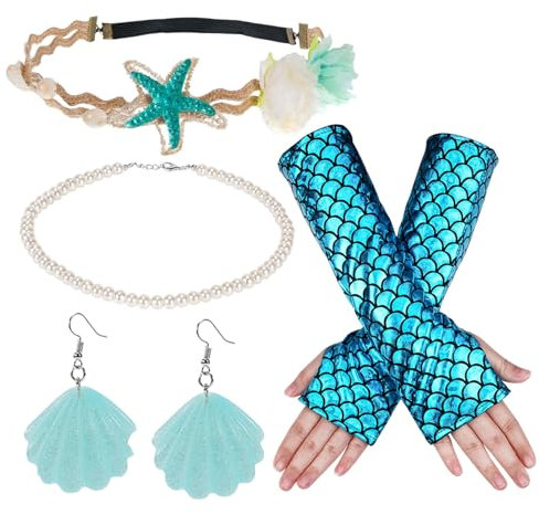 HOWAF 4 Meerjungfrau Kostüm Damen Mädchen, Meerjungfrau Haarreif Meerjungfrau Haarschmuck Muschel Handschuhe Meerjungfrau Ohrringe Perlenkette Fisch Kostüm Mermaid Kostüm für Fasching Karneval Kostüm