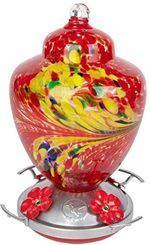 REZIPO Kolibri-Futterstation mit Sitzstange – mundgeblasenes Glas – 95 ml Flüssigkeit, Kolibri-Nektar-Kapazität inklusive hängenden Drähten und Gräberhaken (rot-feuer)