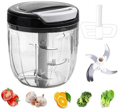 Lnvocn Hachoir Manuel a Ficelle,1000ML Mixeur Manuel Main, Mini Hachoir Manuel, Coupe Oignon Manuel Hachoir Oignon avec Acier Inoxydable 3 Lames pour Oignon, Ail, Viande, Légumes, Noix