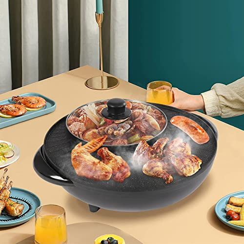 WENNEWU Griglia Elettrica Interna, Lavabile in Lavastoviglie, Pentola Elettrica con Divisore, Griglia Portatile Senza Fumo per Feste,Nero,32cm