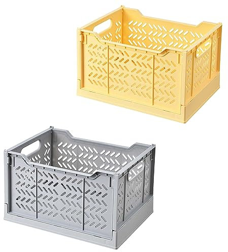 Spesh 2 Pcs Large Collapsible Storage Crates Stackable Plastic Storage Baskets Foldable Crate Boxes for Kitchen, Living Room, Bedroom(Grey+yellow)