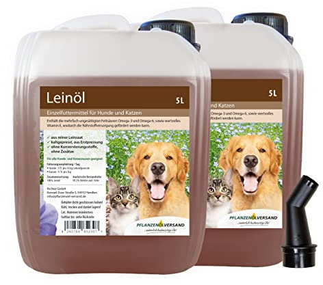 Leinöl für Hunde und Katzen, kaltgepresst 100% rein, ohne Zusätze, 2x5L + Ausgießer