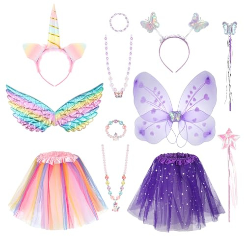 Heyu-Lotus Unicorn and Fairy Princess Costume Set for 3-8 Years Girls | Girls Dress Up Fantasy Dress with Butterfly & Angel Wings Tutu Skirt Wand Headband Jewelry Kit, Halloween Carnival Cosplay