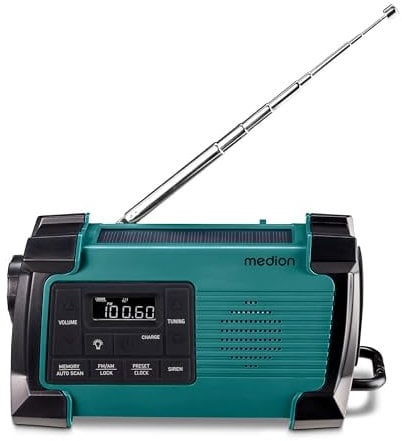 MEDION E66805 Radio à manivelle avec fonction de rechargement du téléphone portable (solaire, dynamo à manivelle, powerbank, radio FM PLL, lampe de poche IPX4 anti-éclaboussures, fonction d'urgence SO
