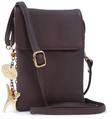 Catwalk Collection Handbags - Leather Phone Bag For Women - Small Flapover Crossbody Bag - Adjustable Strap - Billie - Brown