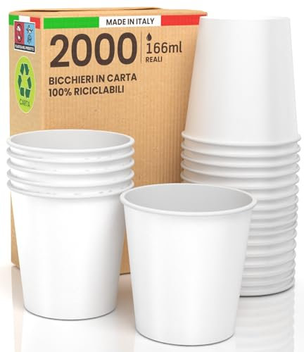 2000 Bicchieri in Carta Bianchi 166ml - Ecologici Biodegradabili Monouso Made in Italy Asporto Bevande Calde Acqua - Prodotto e confezionato in Italia