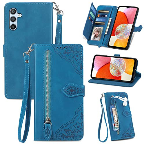 JayModCase Coque pour Samsung Galaxy A14 4G, PU Portefeuille Rabat Fermeture aimantée étui en Cuir [Antichoc TPU] [Fonction Support] [Dragonne] Étui pour Samsung A14 4G - Bleu