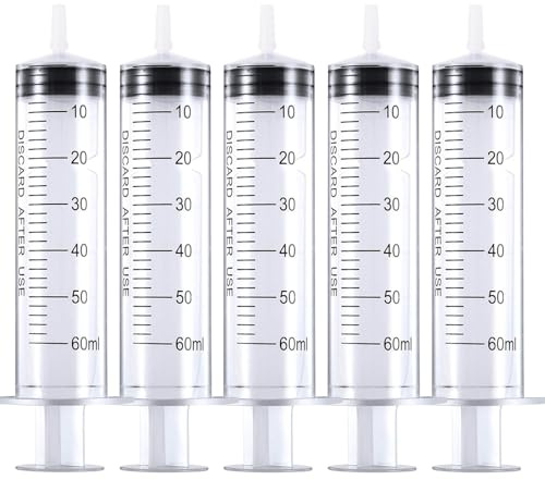 5 Stück 60 ml Spritze, Kunststoffspritzen, Plastikspritze | Spritzen zum öl Bremsflüasigkeit mit Deckel Steril , für Kleine Haustierfütterung Motoröl oder Bremsflüssigkeit
