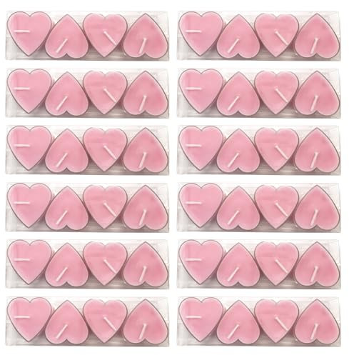 pajoma® Herz Teelichte 48 Stück, Valentinstagskerze - Rosa in Polycarbonathülle, Brenndauer ca. 3 Stunden - H 2,5 cm Ø 4,5 cm | Teelichter für Muttertags-, Jubiläums- & Geburtstagsdekorationen