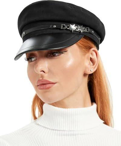 S.ROMZA Baschi Scozzesi Cappello da Donne PU Pelle Visiera Fiddler Newsboy cap Moda Donne Cabbie cap Donna Painter, Regolabile 56-58CM (IT, Testo, M, Nero)