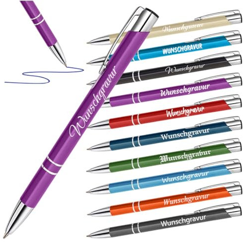 polar-effekt 10 Stück Metall Kugelschreiber mit Gravur - Stifte mit Namen - Geschenke für Freunde, Kollegen und Familie - Büroartikel für Fimen - Farbe Lila
