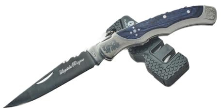 Laguiole Designer Messer Taschenmesser Klappmesser aus rostfreien Edelstahl + Pocket Messerschärfer für unterwegs (Blaue Griffschalen)