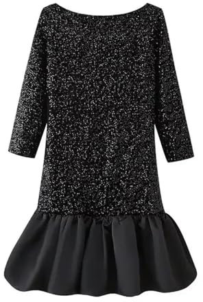 Weibliche Pailletten Glitzer Saum Falten Rüschen Kleider Frauen Minikleid Frauen Weithals Dreiviertelärmel-Schwarz-XS