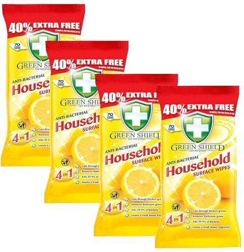 Green Shield Lemon Scent Wipes Antibacterial Antiviral Multipurpose Cleaning Disinfectant Wipes 280 For | Household | Schools | College | Commercial Business | Travel | Hospital | (4 Packs)