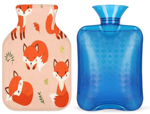 Funny Fox Wärmflasche mit weichem Bezug, 1L Wärmbeutel für heiße und kalte Kompresse, Handfüße und Bettwärmer, Menstruationskrämpfe, Nacken- und Schulterschmerzlinderung