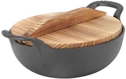 Wok in Ghisa, Padella Antiaderente con 2 Manici e Coperchio in Legno, Padella a Base Piatta per Friggere Alla Griglia a Vapore Autentico Cibo Asiatico Cinese (25CM)