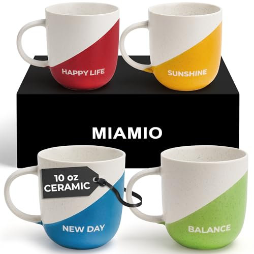 MIAMIO - Juego de tazas para café de 4 x 300 ml/Tazas de café con frases inspiradoras/Regalos para esposa, esposo, mujeres, hombres, familia/Aptas para microondas y lavavajillas (Vida feliz)