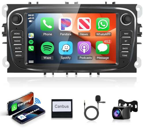 2G+64G Wireless Carplay Android 13 Autoradio 2 Din per Ford Focus II mk2 Mondeo S-Max C-Max Galaxy Kuga 7 Pollici Autoradio con Android Auto GPS Navi WiFi Bluetooth FM/RDS/EQ/SWC Telecamera Posteriore
