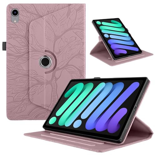 TEDTIKJT Custodia Compatibile con iPad Mini 7/6 8.3 2024/2021 - Cover in Pelle PU 360° Ruotabile con Supporto Flip Protettiva per Tablet, Oro Rosa Albero