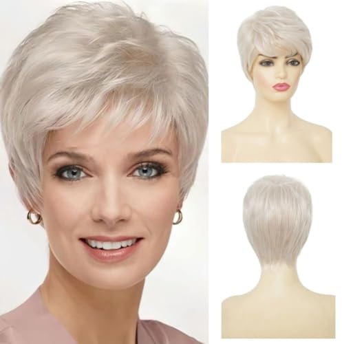 Salaibs Damen Blonde Kurze Perücke Pixie Cut Perücke mit Pony Natürliche synthetische Oma Haar Perücken für den täglichen Partygebrauch