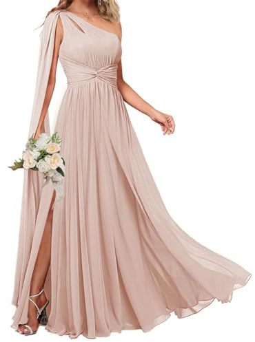 KURFACE Abito da damigella d'onore da donna, monospalla, con mantello, fessura laterale, in chiffon, lungo, formale, per invitata al matrimonio, Rosa cipria, 46