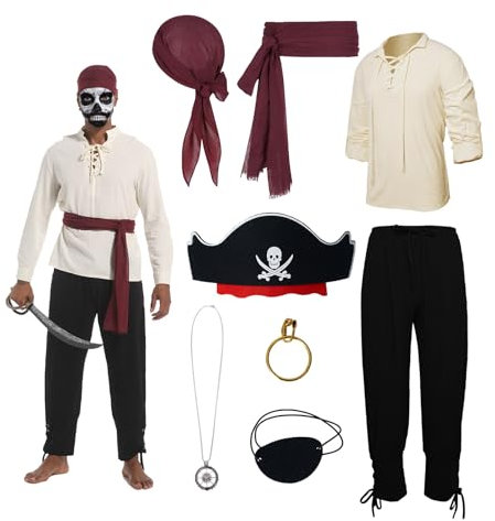 YRTBGD Costume de pirate pour homme, vêtements médiévaux, chemise médiévale, pantalon, bandana, ceinture, cache-œil, collier et boucles d'oreilles, pour Halloween, carnaval, Noir , L