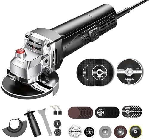 Winkelschleifer, 1100 W, Durchmesser 100 mm, 11.000 U/min, Winkelschleifer, Schutzkappe, Wellensperre, Metallkopf, Lieferung mit Zusatzgriff und Flanschschlüssel,